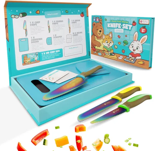 Miniatura 7 de TruChef Juego de cuchillos para niños para cocina real, juego de chef seguro para la piel para mayores de 3 años con cuchillas de arcoíris, tabla
