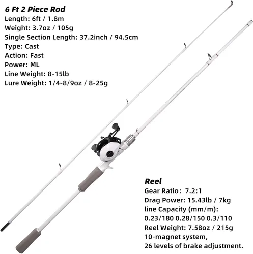 Miniatura 3 de Kilitn Combo de Caña de Pescar y Carrete, Combo de Lanzamiento de Cebo de Color Blanco con Carrete Baitcast, Caña Baitcaster de 2 Piezas, Fibra