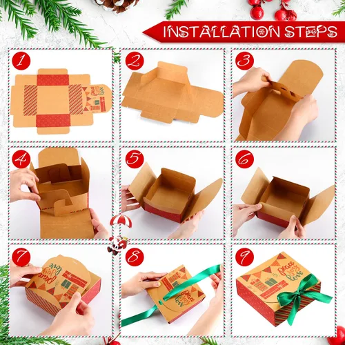Miniatura 3 de Cholemy 36 piezas de cajas de regalo de Navidad de papel kraft con tapas, paquete de cajas de regalo pequeñas con lazo vacías para Navidad, cajas