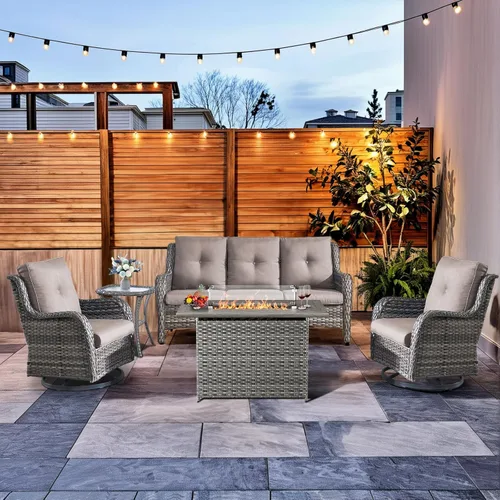Miniatura 36 de HUMMUH Sillas Mecedoras Giratorias de Mimbre para Patio Exterior con Respaldo Alto, Sillas Deslizantes de Ratán PE, Juego de Muebles de Patio de 4