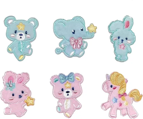 6 parches bordados de animales lindos para planchar con diseño de unicornio, oso, conejo, elefante, azul y rosa, accesorios de bricolaje para ropa,
