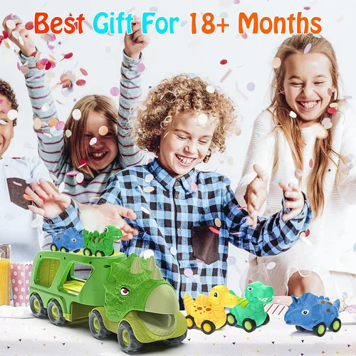 Miniatura 7 de Veslier Coche de Juguete de Dinosaurio para Niños de 3, 4 y 5 Años, Camión Transportador con Energía de Fricción con Pack de 4 Coches Pequeños