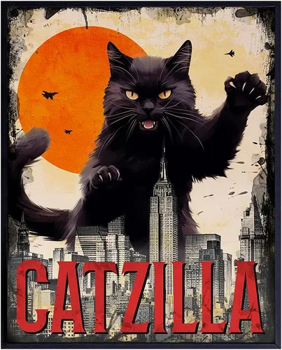 Catzilla - Arte de pared de gato negro, arte de pared y decoración de gato, cosas retro vintage lindas de gatito, regalo para mamá, amante de los