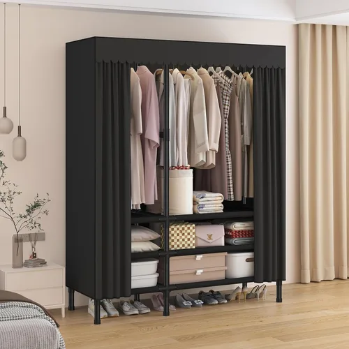 Miniatura 2 de Armario portátil para colgar ropa, perchero con funda, armario portátil con 2 varillas para colgar, 6 estantes de almacenamiento, 43.3 pulgadas