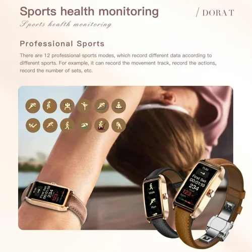 Miniatura 5 de Rastreador de actividad física para mujer, reloj de fitness para mujer, correa de cuero, funda de aleación, monitor de frecuencia cardíaca de lujo