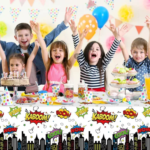 Miniatura 6 de 3 manteles de fiesta de cumpleaños con temática de héroes, mantel rectangular desechable de plástico de paisaje urbano blanco Super Bang para baby