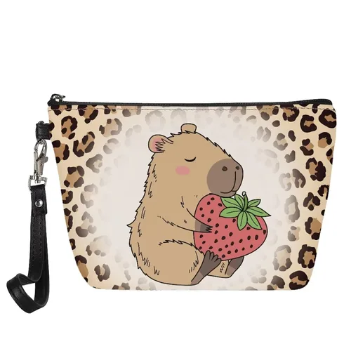 FOR U DESIGNS Bolsa de maquillaje de leopardo y fresa para amantes de Capybara para niñas, con cremallera, organizador de bolsas de maquillaje de
