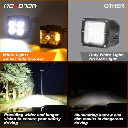 Miniatura 3 de MOVOTOR Side Shooter LED Pods Amber Luces de conducción estroboscópicas para camión, 4 x 4, ATV IP68 Waterproof,Solid & Strobe Amber,6500K White