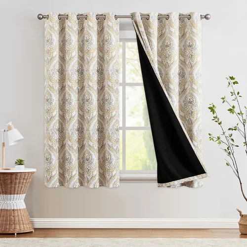 Miniatura 31 de jinchan Cortinas opacas de 90 pulgadas de largo, 2 paneles de medallón de damasco azul, cortinas de ventana para dormitorio, con ojales, aislamiento