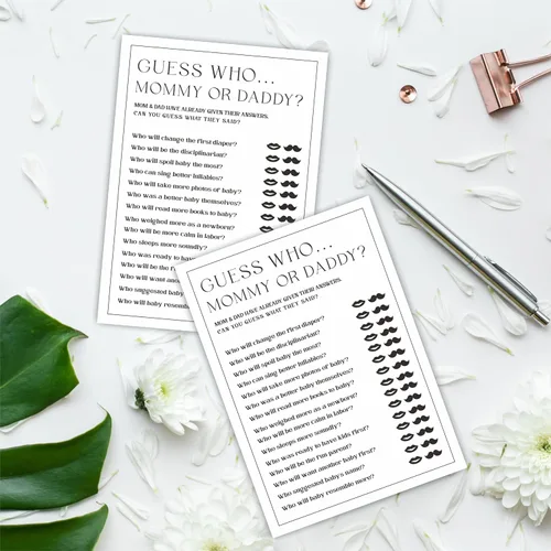 Miniatura 3 de Juego de 30 juegos de fiesta de baby shower de 5 x 7 pulgadas, minimalismo en blanco y negro, juego de mamá o papá para los deseos de los invitados