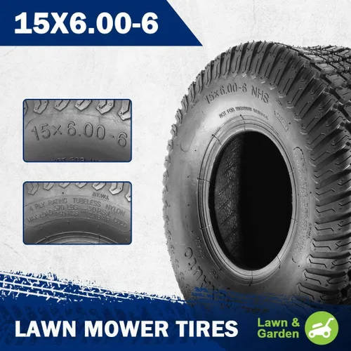 Miniatura 2 de MaxAuto 2 piezas 15x6.00-6 neumáticos delanteros para cortacésped de jardín, tractor de montar, 4PR sin cámara 15-6.00-6 neumáticos cortacésped