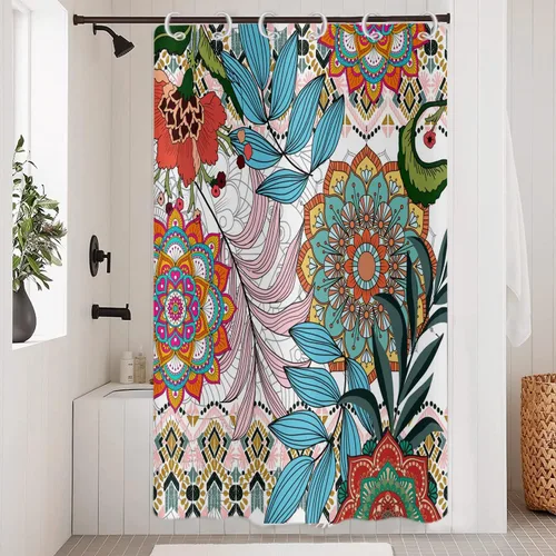 Miniatura 13 de Cortina de ducha bohemia y chic, cortina de baño moderna con hojas tropicales abstractas y ramas botánicas doradas, para decoración del hogar, tela