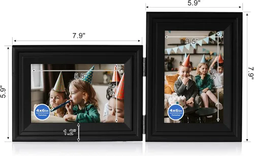 Miniatura 2 de Marco de Fotos con Doble Bisagra 4x6 Marco de Fotos Plegable Horizontal y Vertical en Madera de Pino Negro con Vidrio Real para Mesa X2-HEI-HS46
