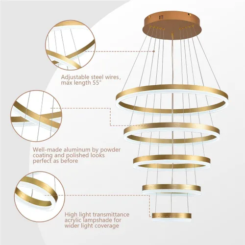 Miniatura 5 de Candelabro moderno dorado de 5 anillos regulable LED, altura ajustable para colgar en el techo para comedor cocina