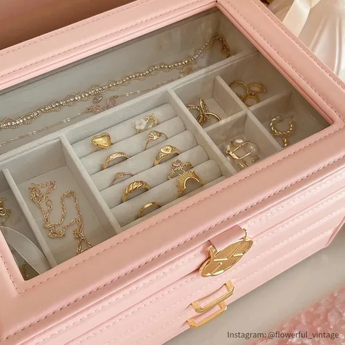 Miniatura 6 de Vlando Joyero para niñas y mujeres, organizador de joyas con tapa de vidrio con 2 cajones para regalos, almacenamiento grande de 3 capas