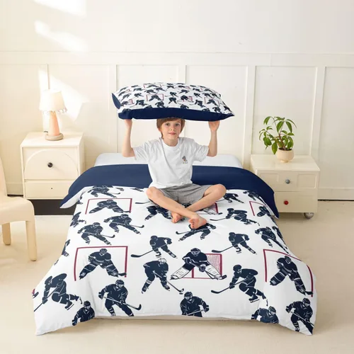Miniatura 5 de Feelyou Juego de ropa de cama de hockey sobre hielo para niños y niñas, funda de edredón con patrón de eventos deportivos, funda de edredón