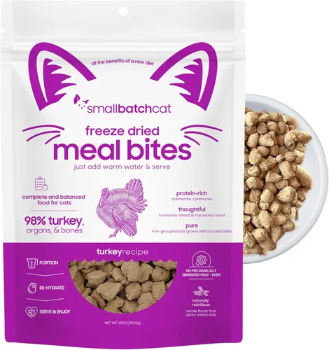 smallbatch Alimento crudo liofilizado para gatos, bocados de alimentos estables en conservación, receta de pavo, comida o adorno alto en proteínas