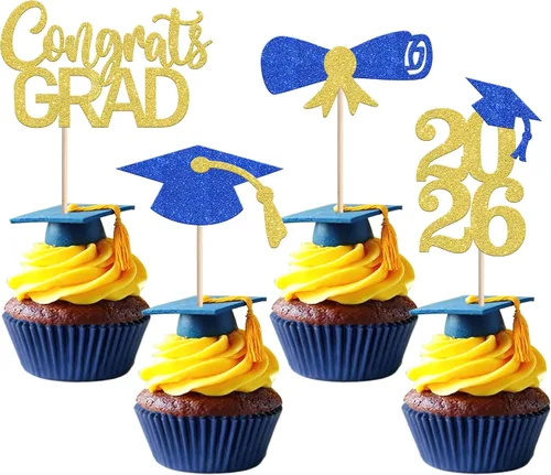 Miniatura 32 de Rsstarxi Paquete de 24 adornos para cupcakes de graduación 2026, con purpurina azul, para la clase de 2026, para diplomas, 24 piezas (6 diseños)