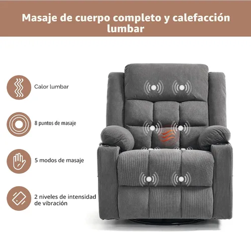 Miniatura 4 de Ketaiyou Silla reclinable giratoria para adultos con masaje y calor, portavasos y bolsillos laterales, sillón reclinable para sala de estar (gris DK)