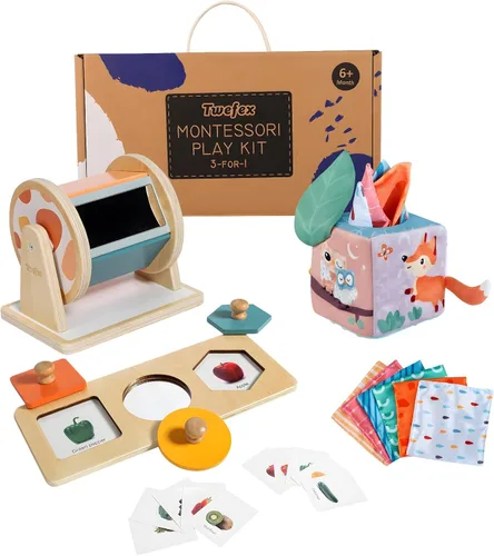 Twefex Juguetes Montessori para bebés de 6 a 12 meses – Kit de juego 3 en 1 para bebés – Tambor giratorio mediano – Caja de pañuelos para bebé –
