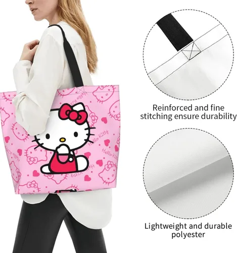 Miniatura 4 de Bolso de mano Kawaii rosa con gato para mujer, lindo bolso de hombro grande, bolso cruzado para el trabajo, viajes, compras