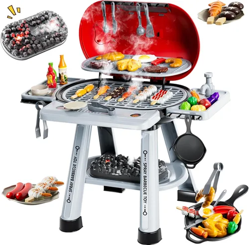 Juego de parrilla para niños pequeños de 3 a 5 años, juguete de cocina de barbacoa al aire libre de 2 capas con humo, luces y sonidos, juego de