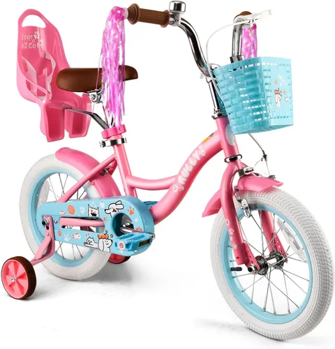 Miniatura 8 de RULLY Bicicleta para niñas de 12, 14, 16 pulgadas, con cesta de asiento de muñeca y ruedas de entrenamiento para niños de 2 a 6 años Azul