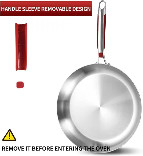Miniatura 5 de Inqibee Sartén grande de acero inoxidable de tres capas de 14 pulgadas con tapa, sartén grande con mango auxiliar, cocina jumbo, bandeja