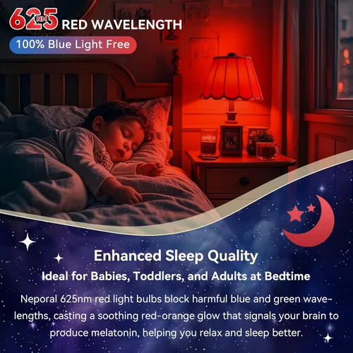 Miniatura 5 de Neporal Bombillas de Luz Roja de 625nm 3W para Dormir, Bombillas de Bloqueo 100% de Luz Azul para Promover la Melatonina, Bombilla LED A19