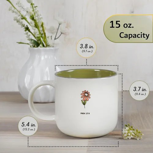 Miniatura 2 de Taza de cerámica de arte cristiano verde salvia con flores - 15 oz. Taza de café y té inspiradora con escrituras bíblicas apta para microondas