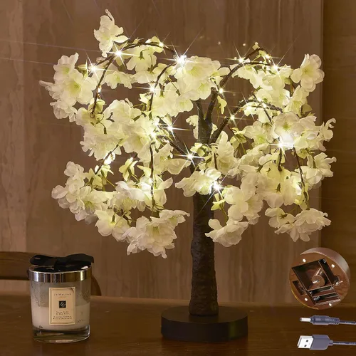 Miniatura 8 de Hairui Árbol de magnolia iluminado con temporizador de 18 pulgadas, 35 luces LED, funciona con pilas o enchufe USB, árbol de mesa de vegetación