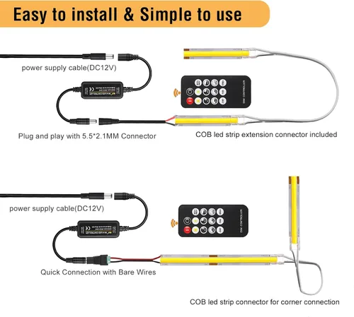 Miniatura 5 de Kit de tira de luces LED de mazorca blanca cálida regulable con control remoto RF y fuente de alimentación UL 12V 3000K CRI93+ sin puntos oscuros