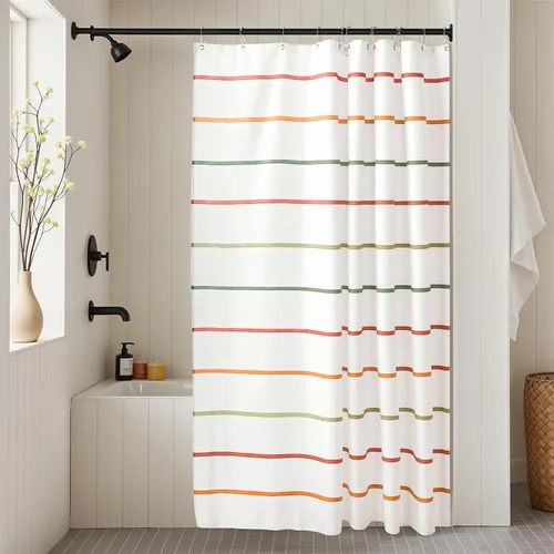 Cortina de ducha de baño para niños, diseño colorido de rayas dibujadas a mano, 72 x 72 pulgadas | Modern Gender-Neutral Design, Includes 12 Hooks,