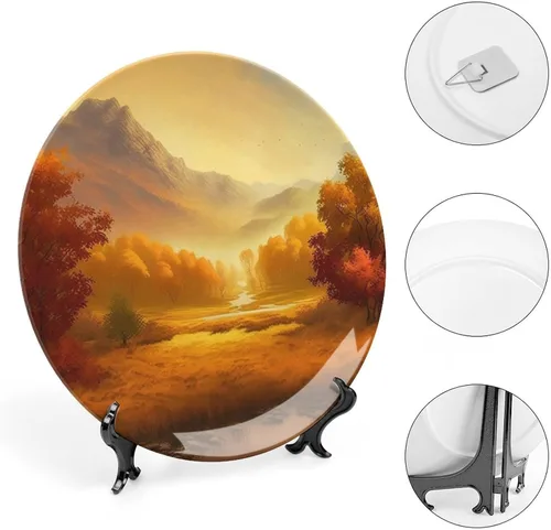 Miniatura 4 de Platos decorativos de otoño para colgar en la pared, pintura de montaña y río, bosque otoñal, placa de cerámica con soporte de exhibición, Otoño