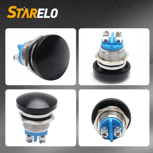 Miniatura 3 de STARELO Interruptor momentáneo de botón de presión de 16 mm con cabeza de hongo, metal de acero inoxidable IP65 impermeable 2Pin SPST 1NO 5A 250V AC