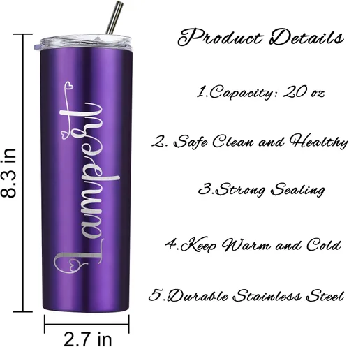 Miniatura 4 de Vasos delgados personalizados con tapas y pajitas, vaso delgado de acero inoxidable grabado con láser, vasos personalizados con nombre de 20 onzas