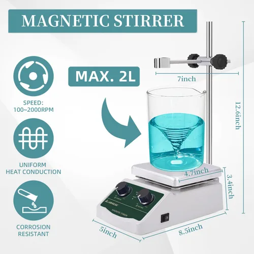 Miniatura 2 de Placa de Agitación Magnética Calentada 300℃/ 572℉ 2L Mezclador Calentado 2000RPM para Laboratorio con Soporte, Juego de Agitador Magnético
