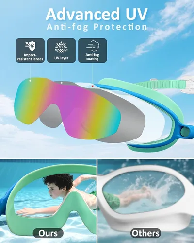 Miniatura 3 de Gafas de natación para niños, antivaho, protección UV y amplia vista & gorro de natación para niños de 3 a 15 años, niños y niñas, bebés azul y verde