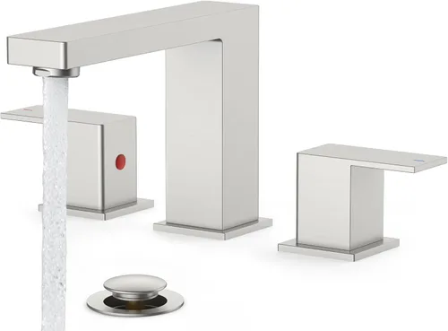 FORIOUS Grifos de baño de níquel cepillado de 3 agujeros, acero inoxidable 2 manijas cuadradas de 8 pulgadas, grifo de fregadero de baño extendido