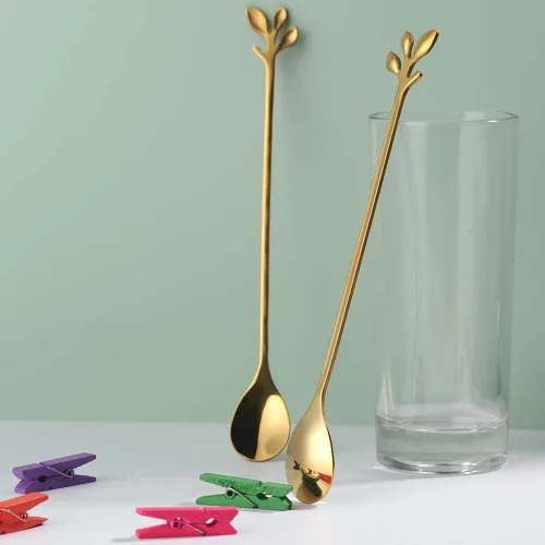 Miniatura 6 de Comicfs - Juego de 12 cucharas de té helado de mango largo, cuchara de helado de 7.6 pulgadas, cucharas creativas de cóctel de hoja dorada, acero Oro