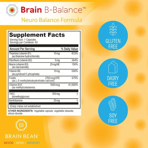 Miniatura 4 de Brain B Balance: Multivitamínico metilado - Fórmula neurobalance del complejo B metilado - Metilfolato apoya el estado de ánimo.Mind.Memory - 60