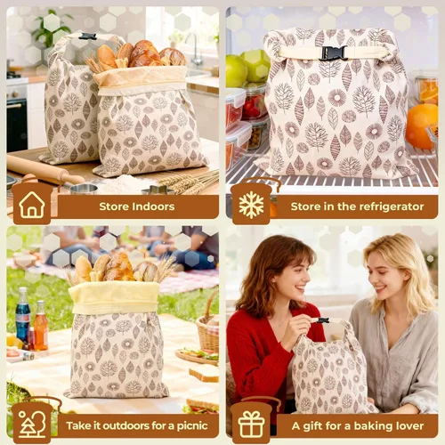 Miniatura 5 de OHIYO Bolsas de pan reutilizables de cera de abeja para congelador y refrigerador, 17 x 13 pulgadas, bolsas de almacenamiento de algodón con forro