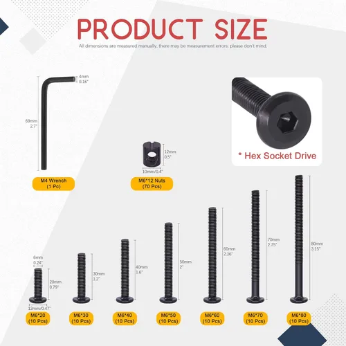 Miniatura 2 de Hilitchi M6 140 piezas de tornillos de cabeza hexagonal negra, tornillos, tuercas de barril, kit surtido de accesorios para cuna, cama de bebé