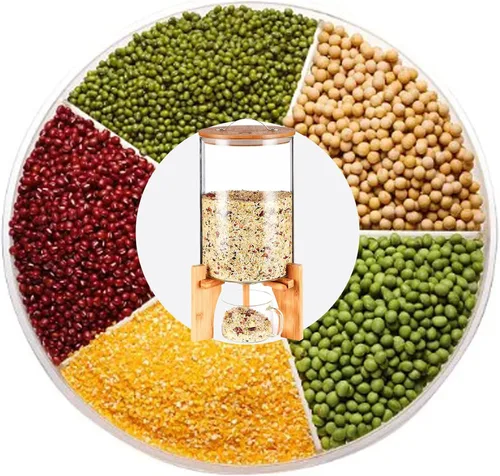Miniatura 7 de Dispensador de arroz de vidrio con soporte de madera, tarros dispensadores de cereales para el hogar, harina de cocina, grano de azúcar, juego