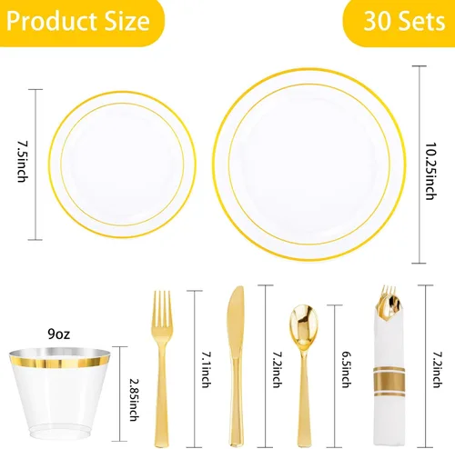 Miniatura 4 de DaYammi Juego de vajilla de plástico dorado transparente de 210 piezas para 30 invitados, platos desechables elegantes para fiestas, incluye: 30