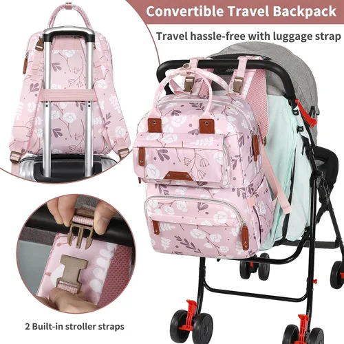 Miniatura 5 de Mochila para pañales para bebé niña, bolsa de pañales impermeable multifunción para mamá y papá, bolsas de pañales grandes rosas florales para bebé
