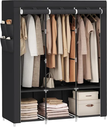 Miniatura 9 de SONGMICS Armario portátil, Organizador de armario con cubierta, 2 barras para colgar y estantes, 4 bolsillos laterales, 33.9 x 17.7 x 65.7 pulgadas