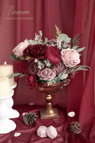 Miniatura 4 de Floroom - Flores artificiales de color burdeos y malva, rosas falsas de marsala, peonías y conjunto de caja de vegetación verde para ramos de boda
