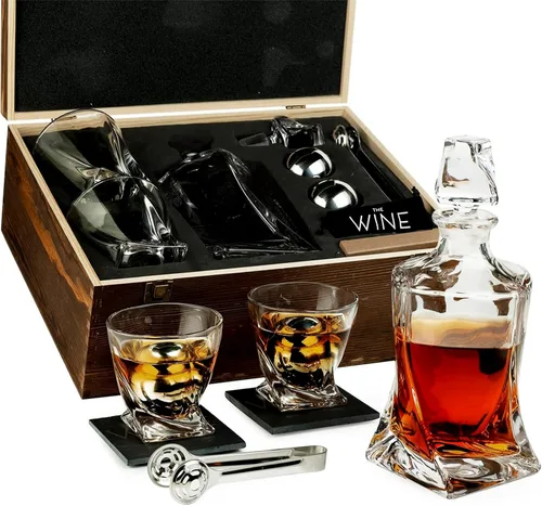 The Wine Savant, juego de regalo de piedras de whisky y decantador para hombres y mujeres, 2 bolas de whisky de acero inoxidable XL, 2 vasos