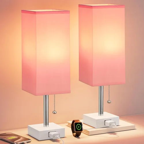 Miniatura 16 de Fenmzee Juego de 2 lámparas de noche para dormitorio, pequeña lámpara rectangular para mesita de noche con puerto de carga USB A C, luz